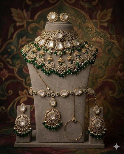 the Zevar Semi Bridal Jewelry Set Heavy Antique Kundan Semi Bridal Choker Set with Emerald Green Drops & Matha Patti