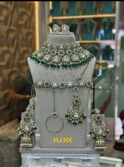 the Zevar Semi Bridal Jewelry Set Heavy Faux Polki Semi Bridal Choker Set with Triangular Kundan & Emerald Green Drops