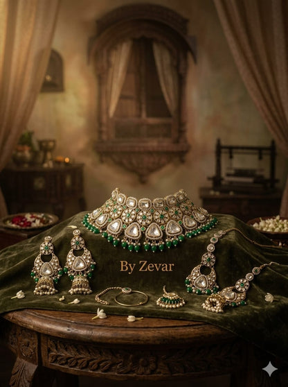the Zevar Semi Bridal Jewelry Set Heavy Faux Polki Semi Bridal Choker Set with Triangular Kundan & Emerald Green Drops