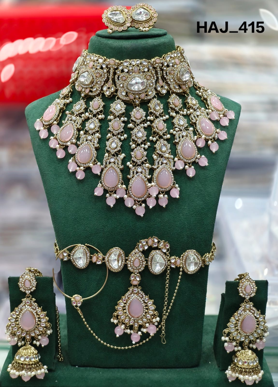 the Zevar Semi Bridal Jewelry Set light pink Royal Antique Gold Imitation Semi  Bridal Collection in Classic Multicolour Kundan
