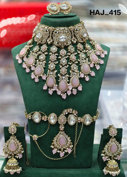 the Zevar Semi Bridal Jewelry Set light pink Royal Antique Gold Imitation Semi  Bridal Collection in Classic Multicolour Kundan