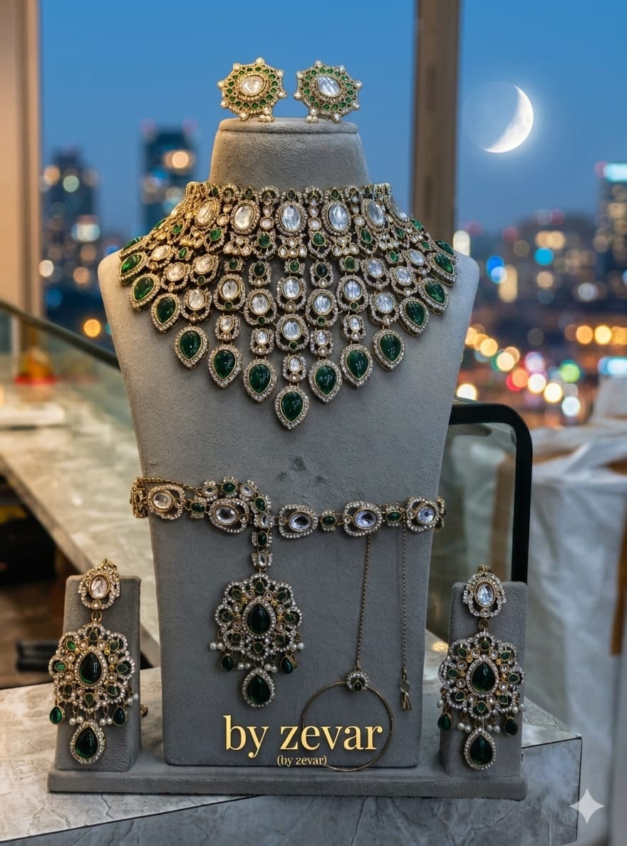 the Zevar Semi Bridal Jewelry Set Majestic Emerald Semi  Bridal Set – Full Grand Kundan & Teardrop Collection
