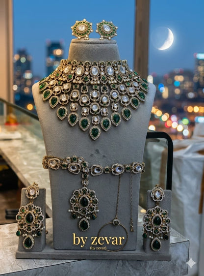 the Zevar Semi Bridal Jewelry Set Majestic Emerald Semi  Bridal Set – Full Grand Kundan & Teardrop Collection