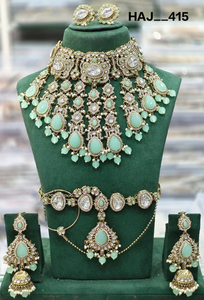 the Zevar Semi Bridal Jewelry Set Mint Green Royal Antique Gold Imitation Semi  Bridal Collection in Classic Multicolour Kundan