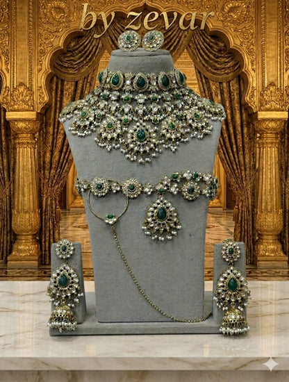 the Zevar Semi Bridal Jewelry Set Premium Faux Kundan & Emerald Semi  Bridal Choker Set with Jhumkas and Matha Patti
