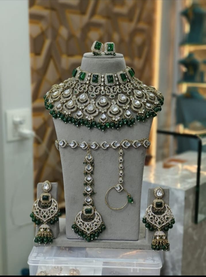 the Zevar Semi Bridal Jewelry Set Premium Semi  Bridal Choker Set with Square Emerald Stones & Dark Green Drops