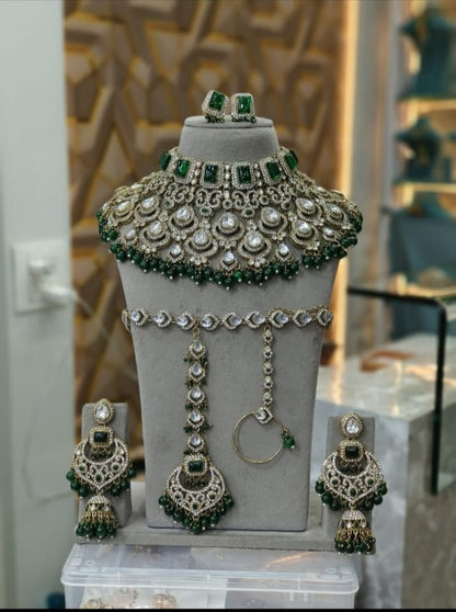 the Zevar Semi Bridal Jewelry Set Premium Semi  Bridal Choker Set with Square Emerald Stones & Dark Green Drops