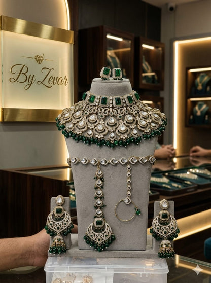 the Zevar Semi Bridal Jewelry Set Premium Semi  Bridal Choker Set with Square Emerald Stones & Dark Green Drops