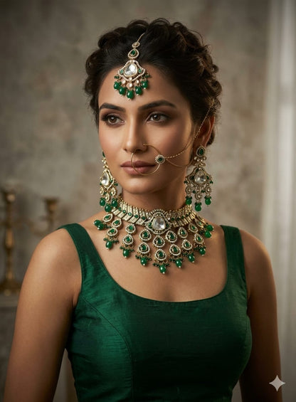 the Zevar Semi Bridal Jewelry Set Regal Emerald Semi  Bridal Jewellery Set with Matha Patti and Nath