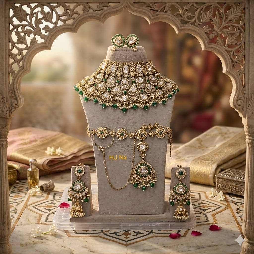 the Zevar Semi Bridal Jewelry Set Regal Radiance: Handcrafted White Kundan & Emerald Pearl Semi Bridal Jewelry Set