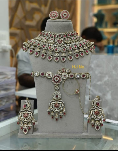 the Zevar Semi Bridal Jewelry Set Regal Ruby Heart Bridal Ensemble  Kundan & Red Droplet Semi Bridal Jewelry  Set