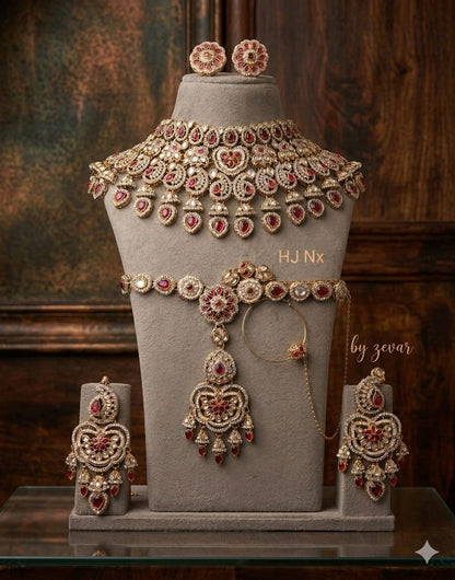 the Zevar Semi Bridal Jewelry Set Regal Ruby Heart Bridal Ensemble  Kundan & Red Droplet Semi Bridal Jewelry  Set