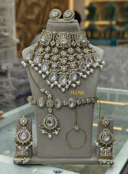 the Zevar Semi Bridal Jewelry Set Royal Antique Gold Imitation Semi  Bridal Collection in Classic White Kundan