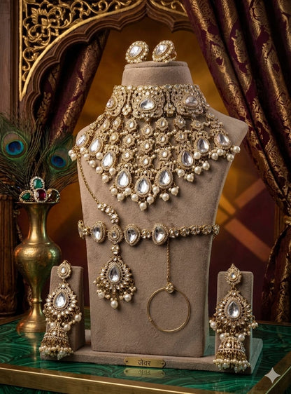 the Zevar Semi Bridal Jewelry Set Royal Antique Gold Imitation Semi  Bridal Collection in Classic White Kundan