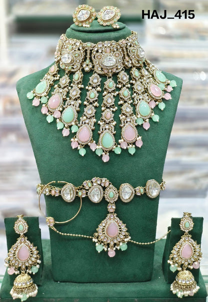 the Zevar Semi Bridal Jewelry Set sea green & pink Royal Antique Gold Imitation Semi  Bridal Collection in Classic Multicolour Kundan