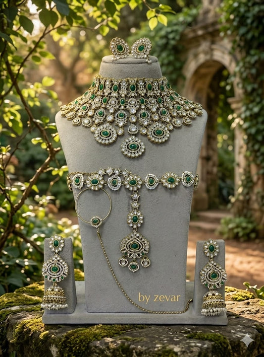 the Zevar Semi-Bridal Jewelry Set Semi  Bridal Jewelry  Set with Emerald Green Stones, Matha Patti & Nath