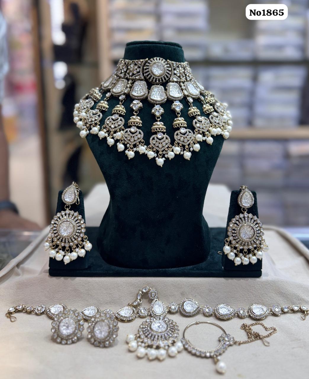the Zevar Semi Bridal Jewelry Set White Complete Heavy Semi  Indian Bridal Jewelry Set with Clear Stones and Faux Pearls