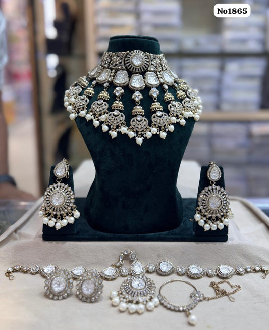 the Zevar Semi Bridal Jewelry Set White Complete Heavy Semi  Indian Bridal Jewelry Set with Clear Stones and Faux Pearls