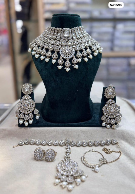the Zevar Semi Bridal Jewelry Set White Complete Indian Semi Bridal Jewelry Set with Green Drops and Clear Stones