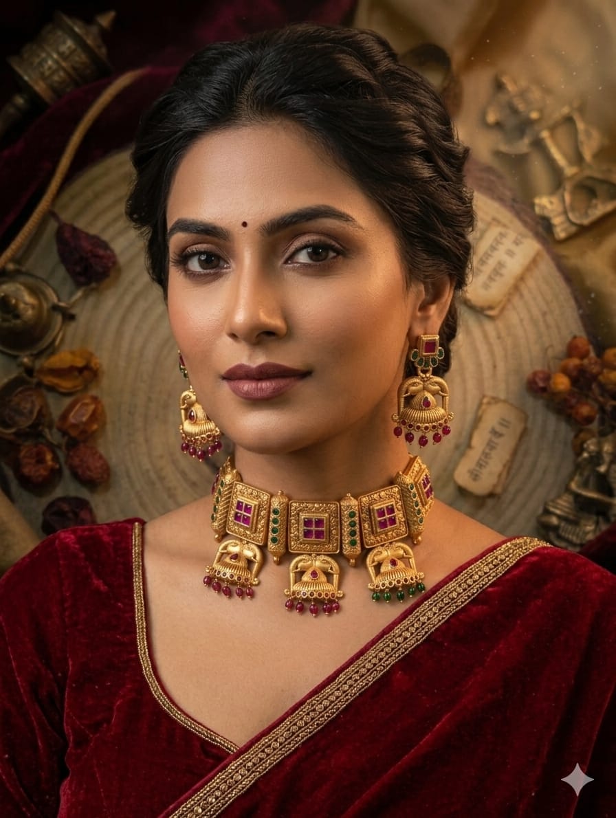 the Zevar Temple Jewellery Set Zevar Antique Gold Temple Choker Set with Ruby & Emerald Tones