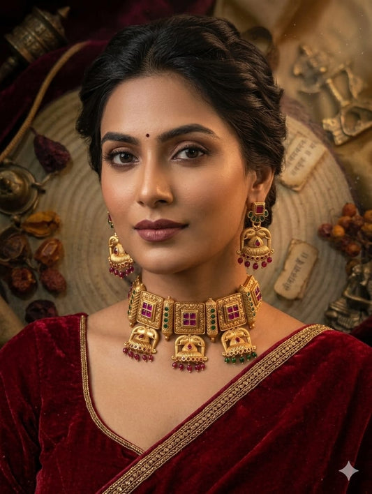 the Zevar Temple Jewellery Set Zevar Antique Gold Temple Choker Set with Ruby & Emerald Tones