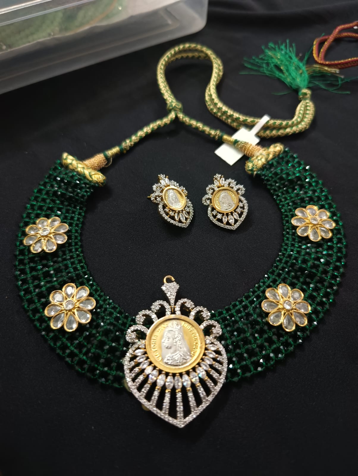 the Zevar Victorian Necklace Set Emerald Green Royal Victorian Maroon And Green Beaded Kundan Coin Choker Necklace Set with Matching Stud Earrings