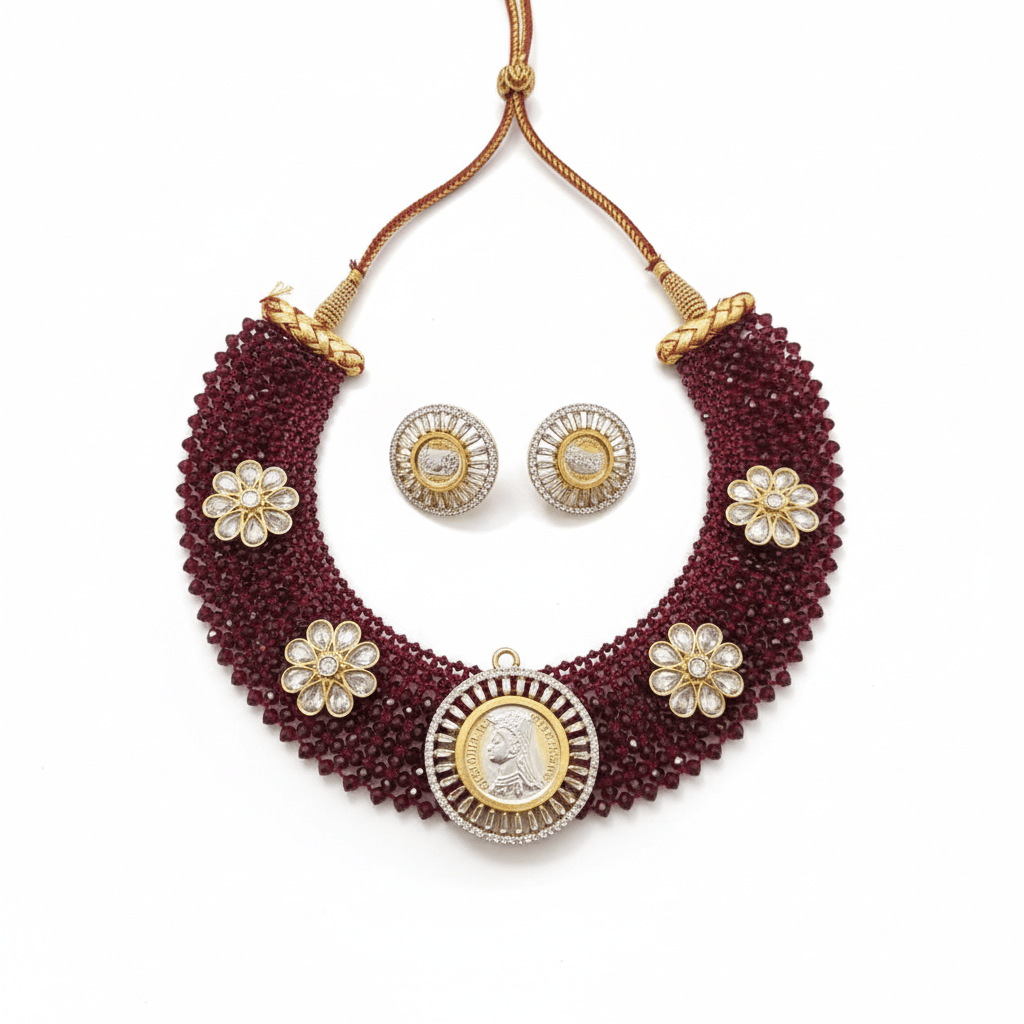 the Zevar Victorian Necklace Set Royal Victorian Maroon And Green Beaded Kundan Coin Choker Necklace Set with Matching Stud Earrings