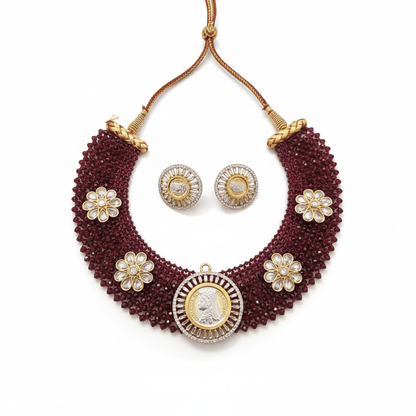 the Zevar Victorian Necklace Set Royal Victorian Maroon And Green Beaded Kundan Coin Choker Necklace Set with Matching Stud Earrings