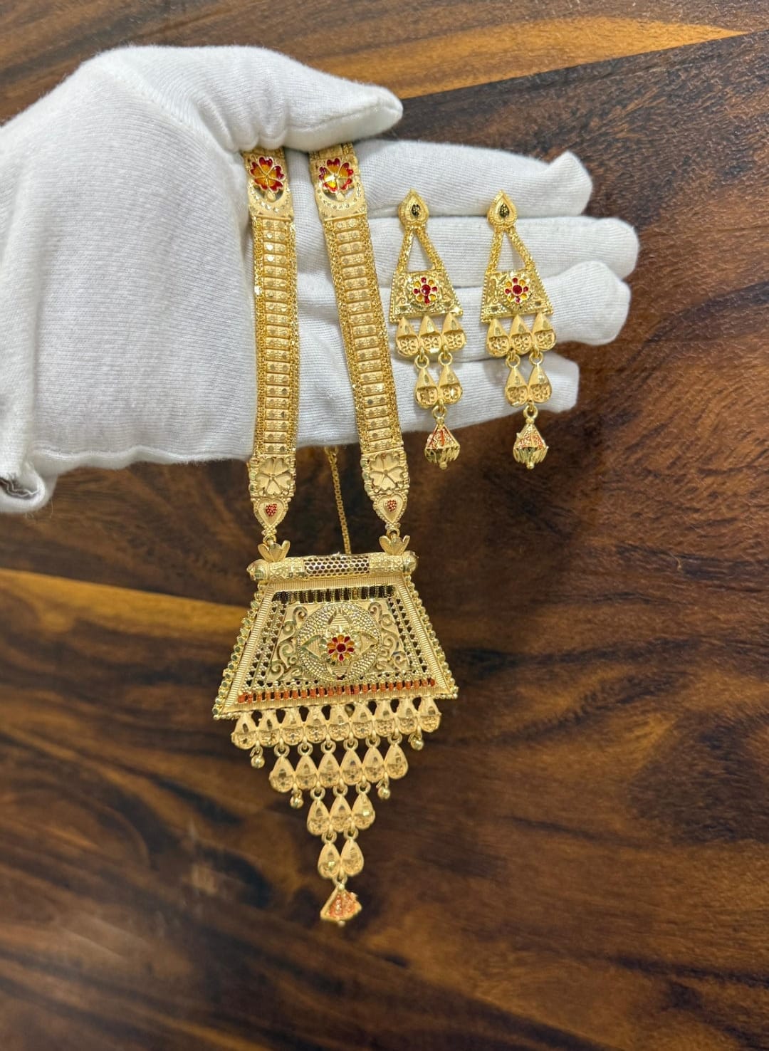 Zevar 1 Gram Gold Plated Traditional Long Pendant Necklace Set with Earrings | Antique Bridal Jewellery for Women