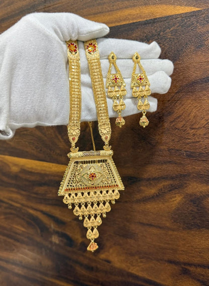 Zevar 1 Gram Gold Plated Traditional Long Pendant Necklace Set with Earrings | Antique Bridal Jewellery for Women