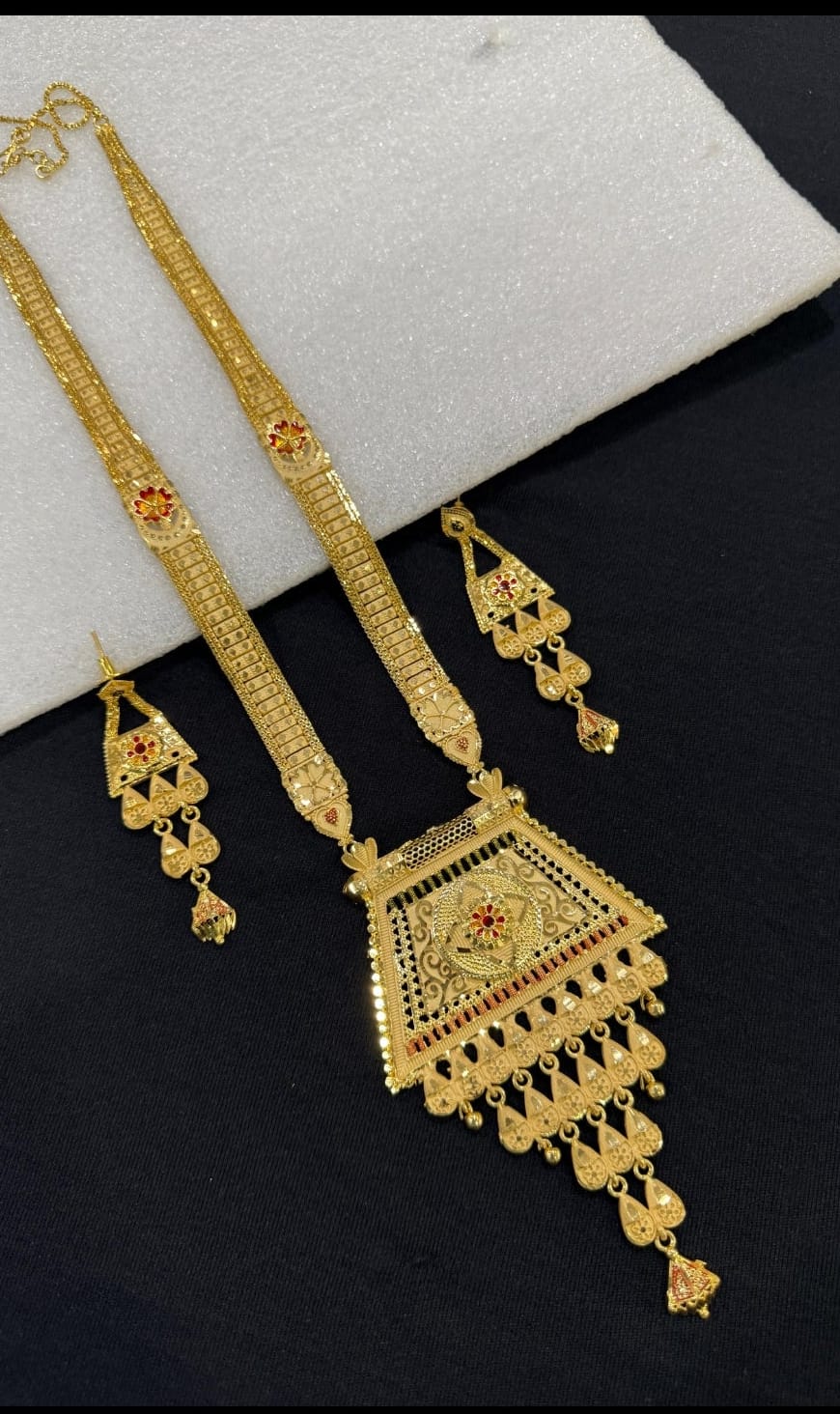 Zevar 1 Gram Gold Plated Traditional Long Pendant Necklace Set with Earrings | Antique Bridal Jewellery for Women