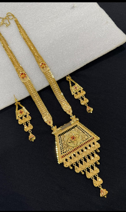 Zevar 1 Gram Gold Plated Traditional Long Pendant Necklace Set with Earrings | Antique Bridal Jewellery for Women