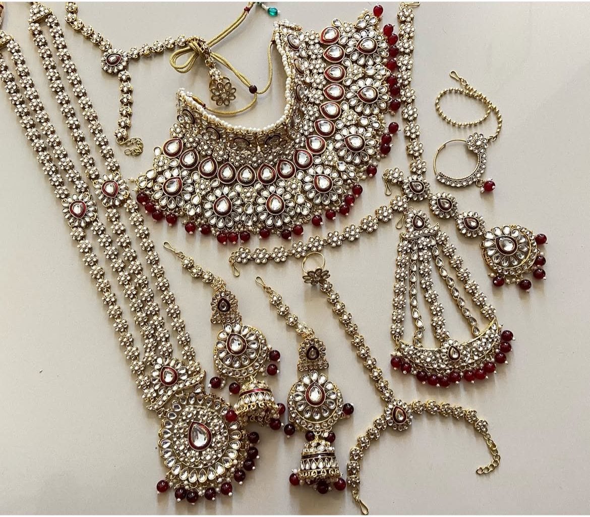 Zevar Bridal Jewellery Maroon Kundan Heavy Bridal Jewelry Set – Handcrafted Indian Wedding Jewelry