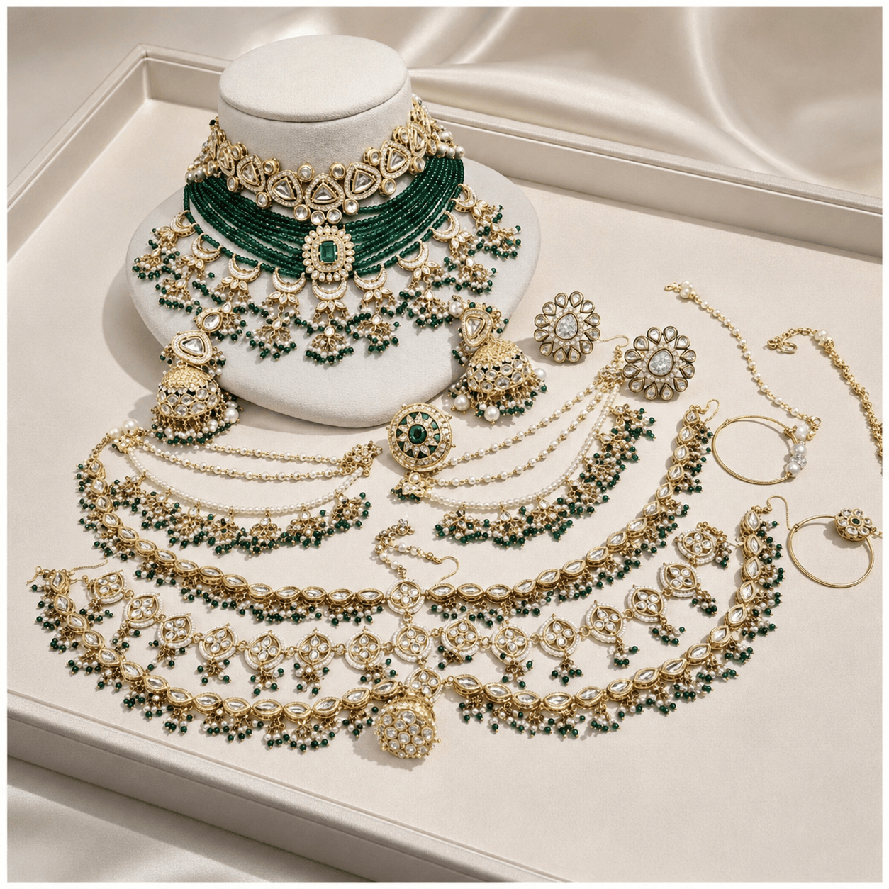 Zevar Bridal Jewellery Set Default Emerald Kundan Bridal Jewellery Set – Antique kundan Choker, Matha Patti, Jhumkas & Nath Combo