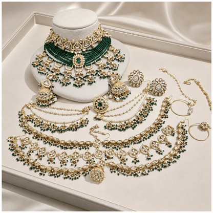 Zevar Bridal Jewellery Set Default Emerald Kundan Bridal Jewellery Set – Antique kundan Choker, Matha Patti, Jhumkas & Nath Combo