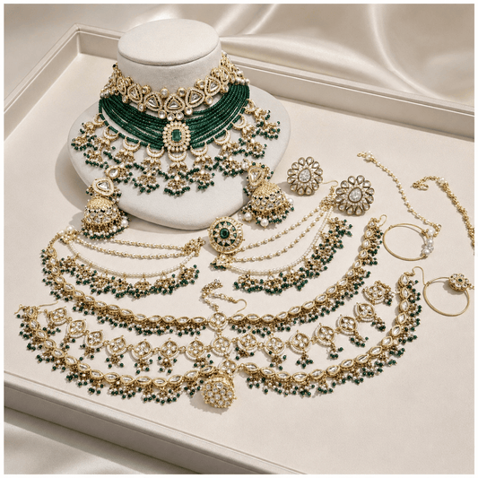 Zevar Bridal Jewellery Set Default Emerald Kundan Bridal Jewellery Set – Antique kundan Choker, Matha Patti, Jhumkas & Nath Combo