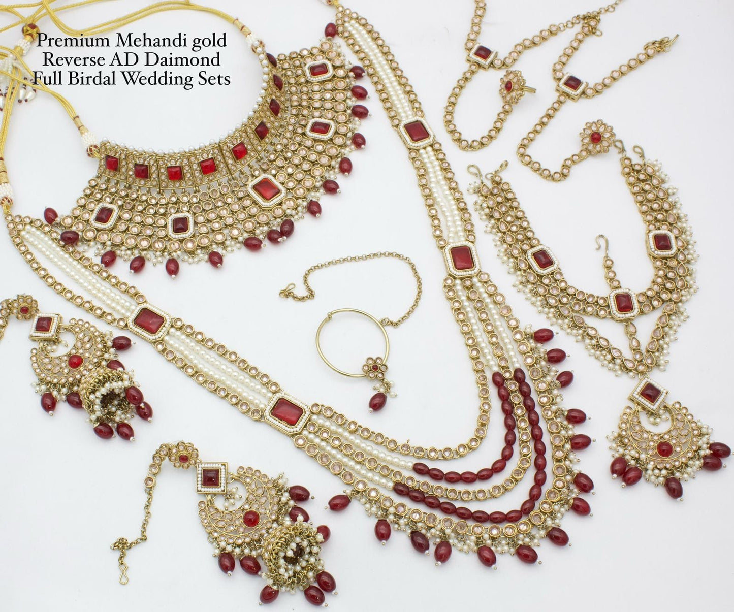 Zevar Bridal Jewellery Set Maroon Monzonite & Pearl Heavy Bridal Jewellery Set