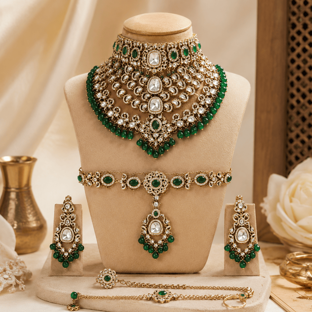 Zevar Bridal Jewellery Set Meherbaani Kundan Polki Bridal Jewellery Set – Emerald Green