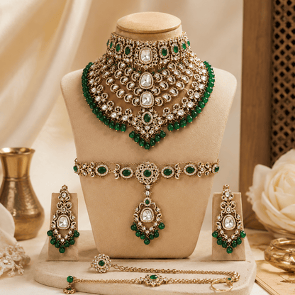 Zevar Bridal Jewellery Set Meherbaani Kundan Polki Bridal Jewellery Set – Emerald Green