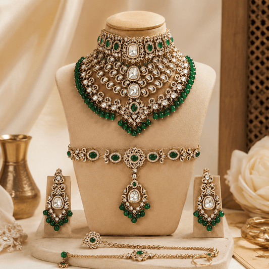 Zevar Bridal Jewellery Set Meherbaani Kundan Polki Bridal Jewellery Set – Emerald Green
