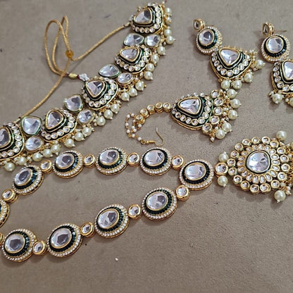 Zevar Bridal jewelry Exquisite Green and White Heavy Kundan Bridal Set - Luxurious Wedding Jewelry