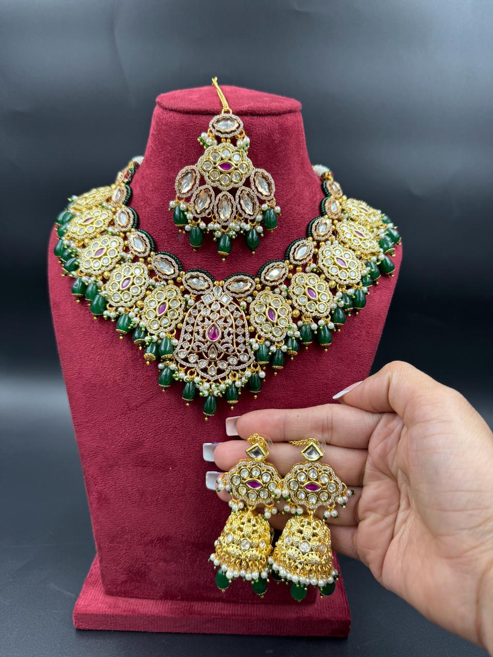 Zevar Bridal jewelry Luxe Pachhi Kundan Choker Necklace in Green and Pink