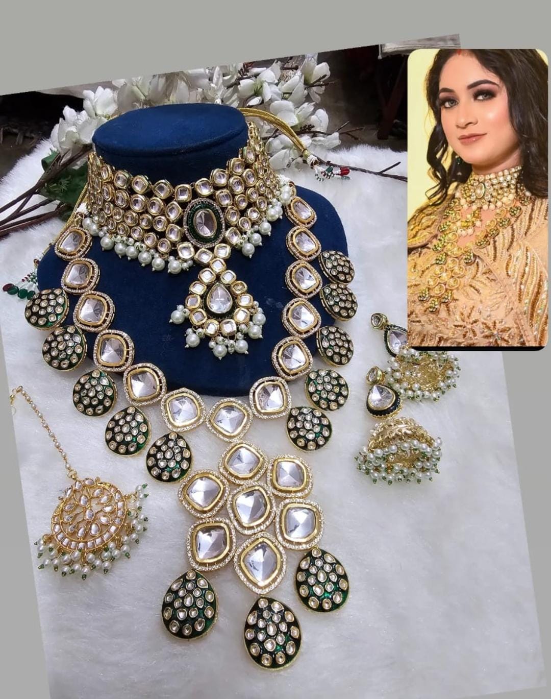 Zevar Bridal jewelry Luxurious Heavy Green Kundan Choker and Long Necklace Set - Bridal Jewelry Collection