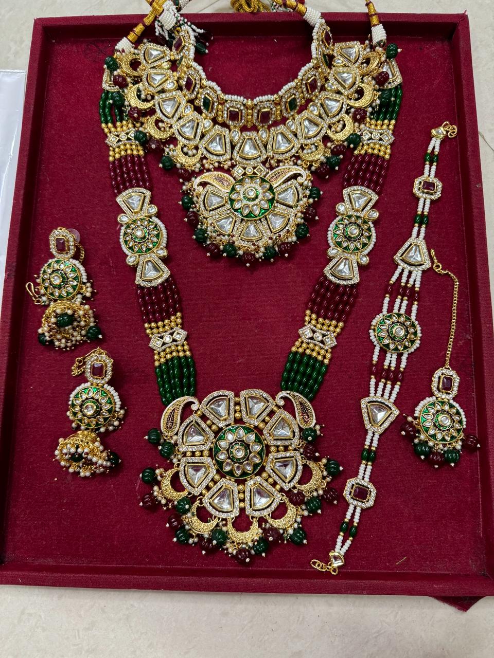 Zevar Bridal jewelry Majestic Fusion Mehroon and Green Mix Heavy Bridal Necklace Set