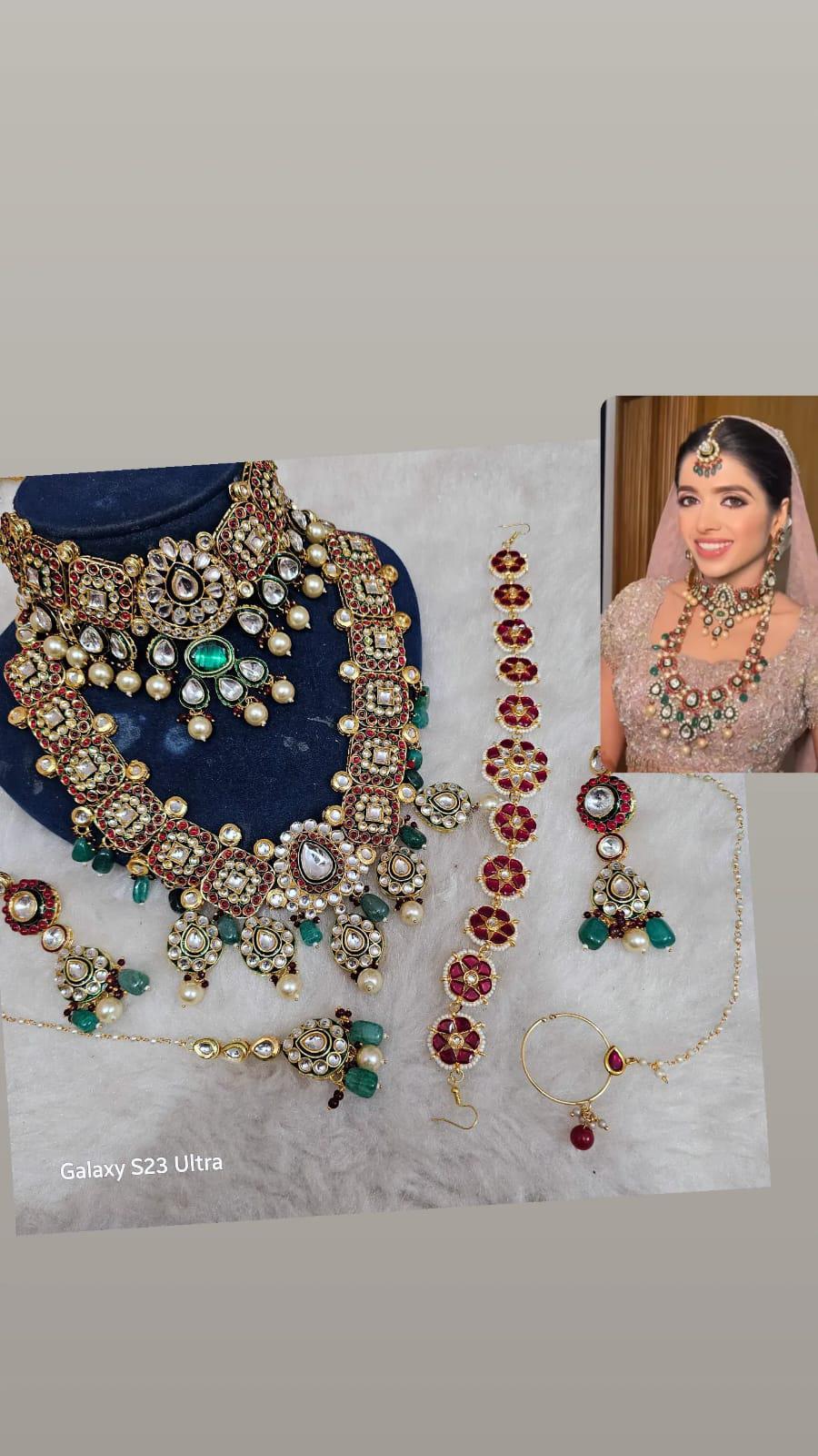 Zevar Bridal jewelry Maroon and Green Kundan Bridal Jewelry Set