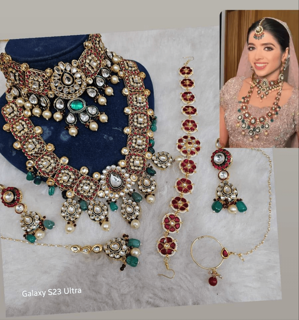 Zevar Bridal jewelry Maroon and Green Kundan Bridal Jewelry Set