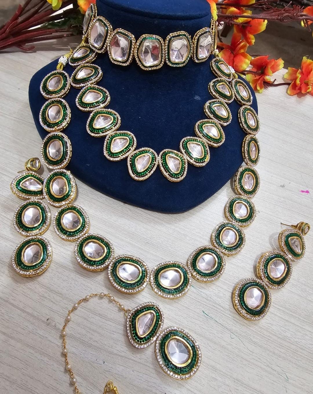 Zevar Bridal jewelry Opulent Green Kundan Multi-Layered Necklace Set - Lavish Bridal Jewelry