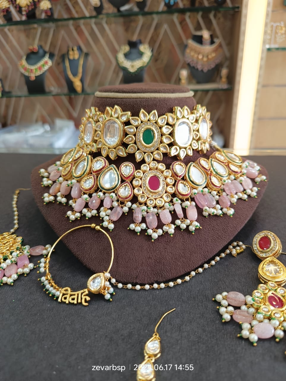 Zevar Bridal jewelry Pink Heavy Kundan Multicolour Bridal Set