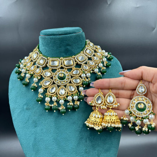 Zevar Bridal jewelry Premium Kundan Choker Necklace Set in Green by Zevar Jewellery