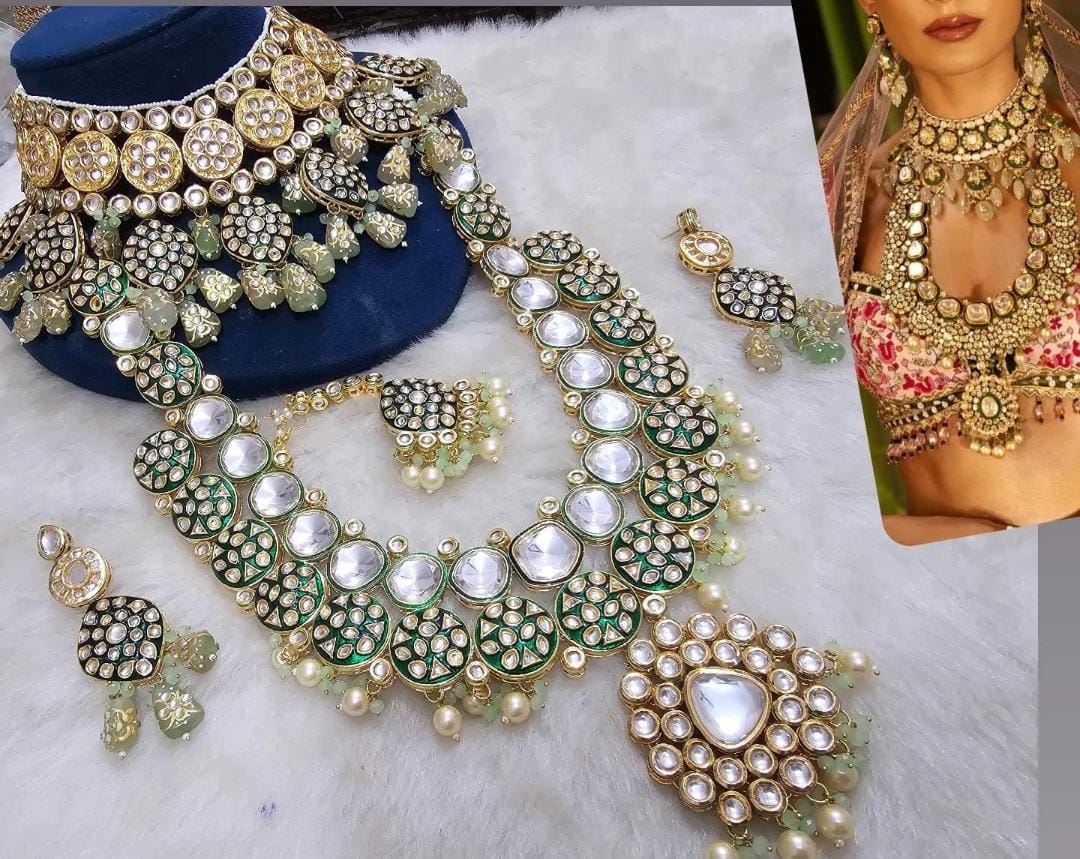 Zevar Bridal jewelry Regal Green Kundan Bridal Set with Choker and Long Necklace - Exquisite Wedding Jewelry